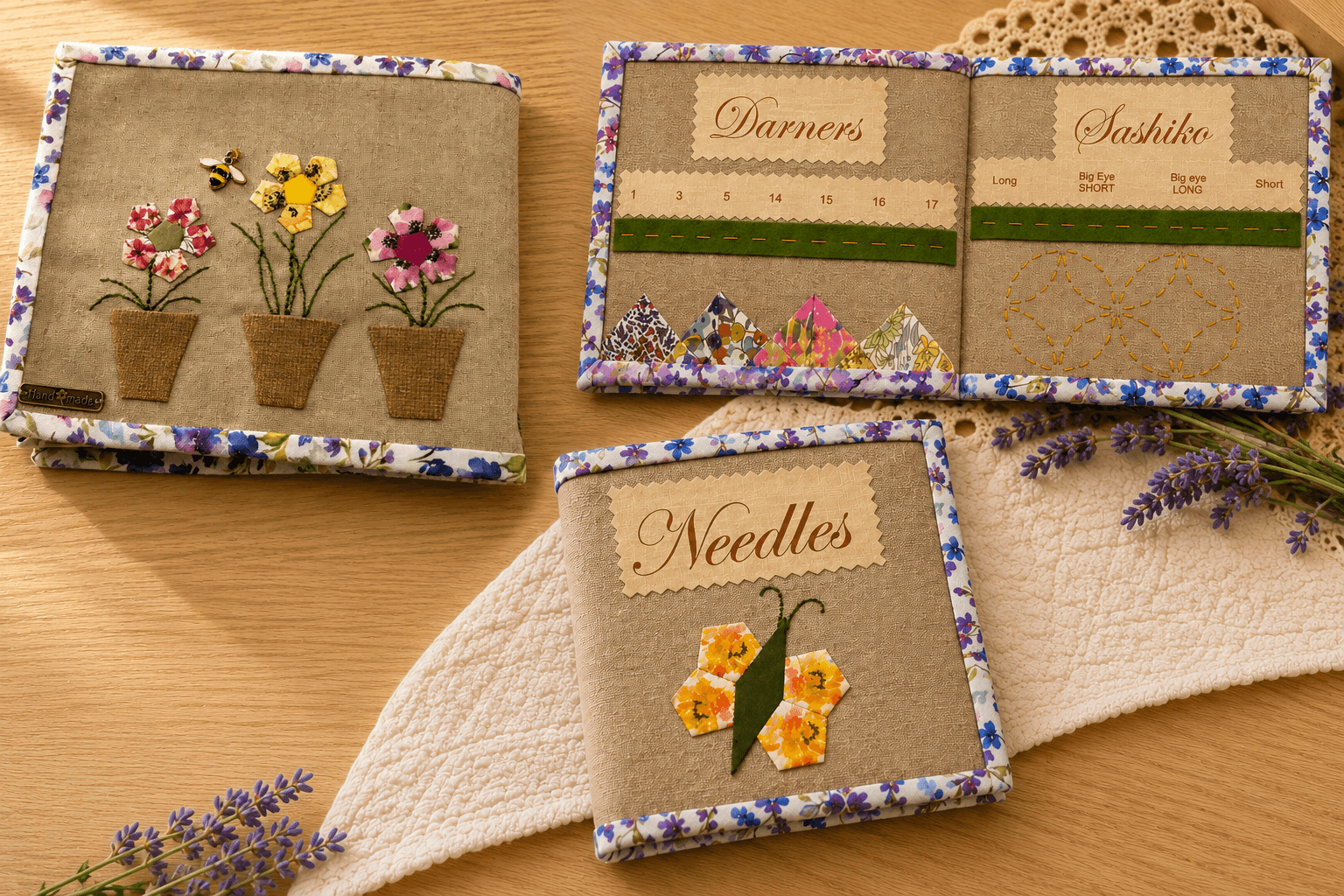 Needle Folder Workshop project showing front cover, back cover, and interior pages